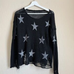 Black Star Patterned Women's Distressed Sweater Top Medium